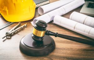 Gavel on desk next to construction hat and documents