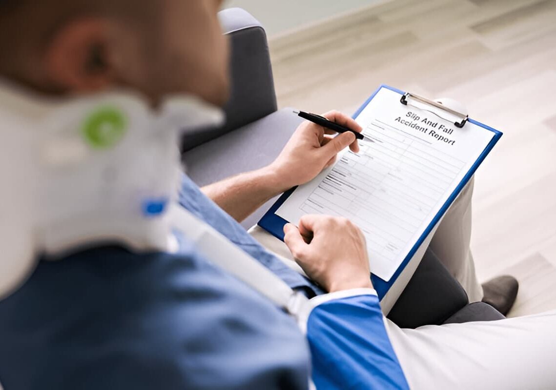 Close-up Of A Worker With Broken Arm Filling Slip and Fall Accident Claim Form