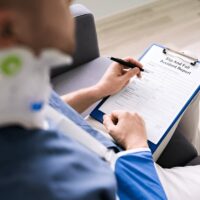 Close-up Of A Worker With Broken Arm Filling Slip and Fall Accident Claim Form
