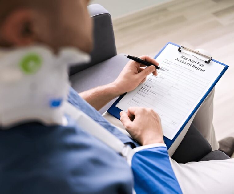 Close-up Of A Worker With Broken Arm Filling Slip and Fall Accident Claim Form