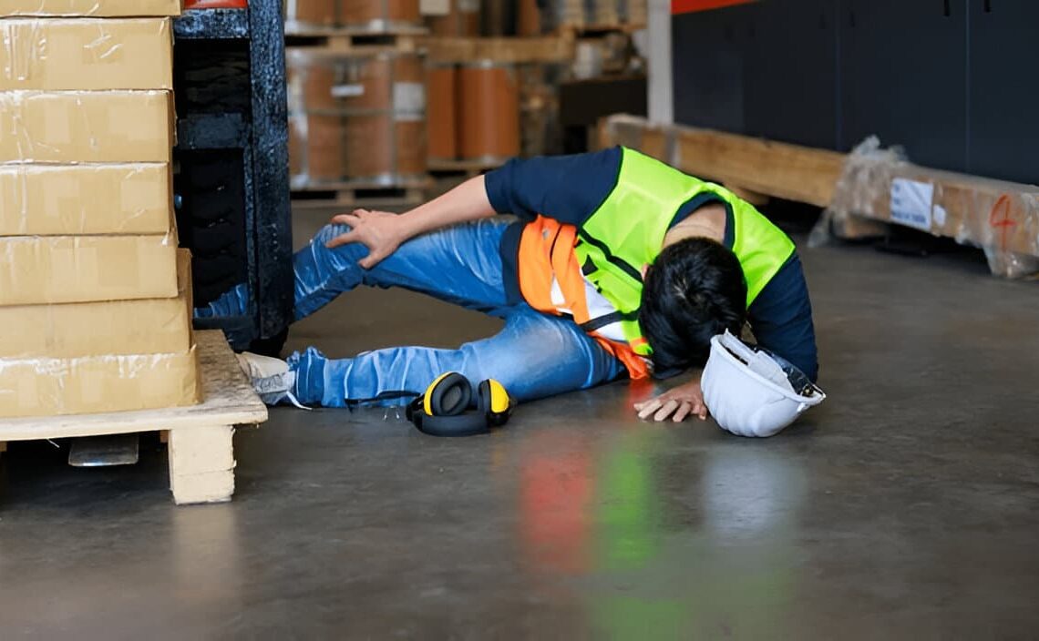 Warehouse worker injured on the job, highlighting the importance of first aid, safety protocols, and workplace accident coverage.