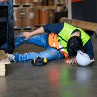 Warehouse worker injured on the job, highlighting the importance of first aid, safety protocols, and workplace accident coverage.