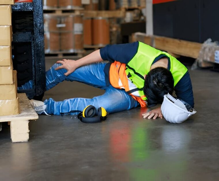 Warehouse worker injured on the job, highlighting the importance of first aid, safety protocols, and workplace accident coverage.