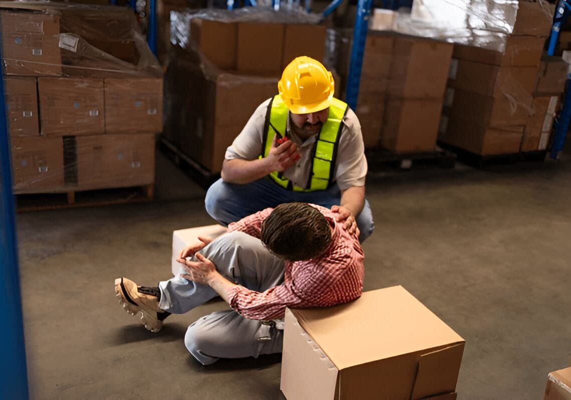 Mature foreman in workwear giving first aid to asian women staff suffering after working injury in warehouse, Injury at work.