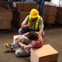 Mature foreman in workwear giving first aid to asian women staff suffering after working injury in warehouse, Injury at work.