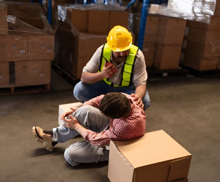 Mature foreman in workwear giving first aid to asian women staff suffering after working injury in warehouse, Injury at work.