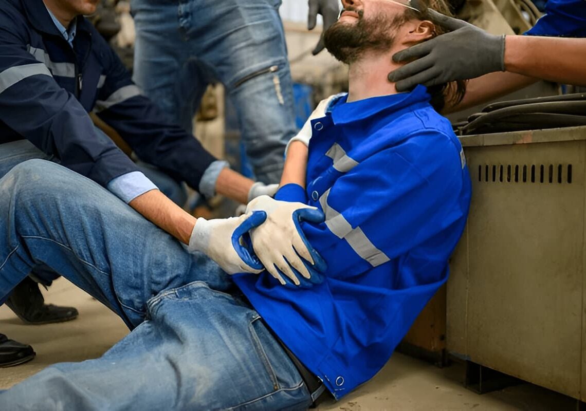 Industrial Accident. worker with accident from machine factory