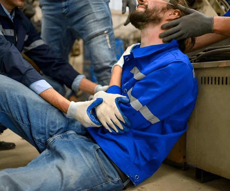 Industrial Accident. worker with accident from machine factory