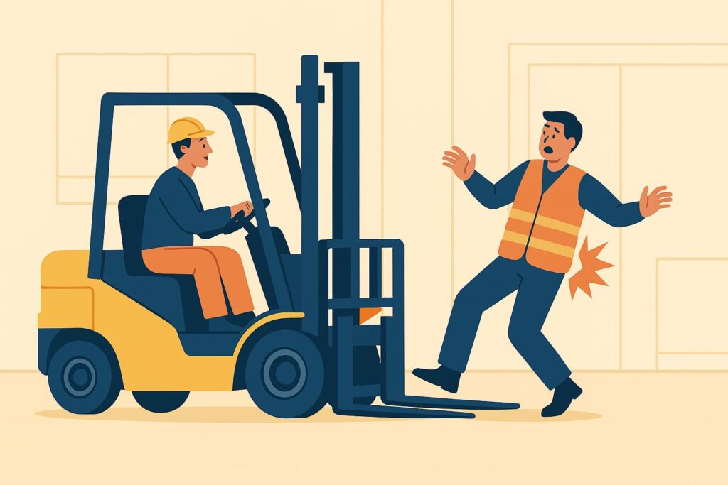 Flat vector illustration of a coworker being struck by a forklift inside a warehouse, depicting a workplace accident caused by another employee.