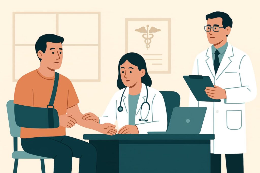 Flat vector illustration of an injured worker receiving a medical evaluation from two doctors during an independent medical examination in a professional clinic setting.